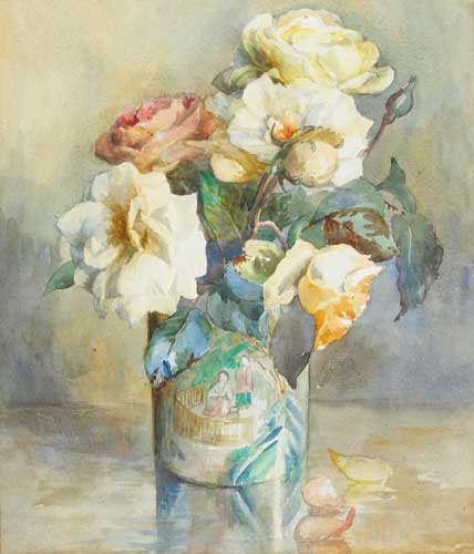YELLOW ROSES IN VASE WITH CHINESE FIGURES by Moyra Barry sold for 1,700 at Whyte's Auctions