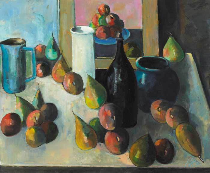 STILL LIFE, PEARS AND BLACK BOTTLE, 1999 by Peter Collis sold for 6,700 at Whyte's Auctions