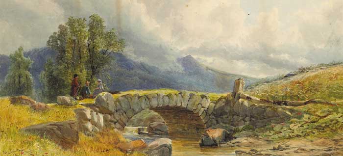 LANDSCAPE WITH FIGURES BY A BRIDGE, 1877 by John Faulkner sold for 1,900 at Whyte's Auctions