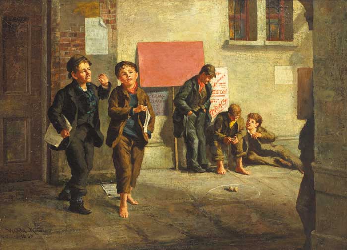STREET SCENE WITH NEWSPAPER VENDORS AND BOYS PLAYING A GAME OF SPINNER, 1885 by William Gibbes MacKenzie sold for 10,200 at Whyte's Auctions