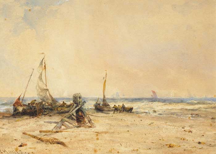 HAULING BOATS ASHORE, 1877 by Edwin Hayes sold for 3,000 at Whyte's Auctions