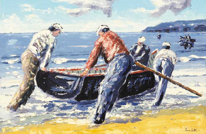 LAUNCHING THE CURRACH, ACHILL ISLAND, COUNTY MAYO by Ivan Sutton sold for 3,000 at Whyte's Auctions