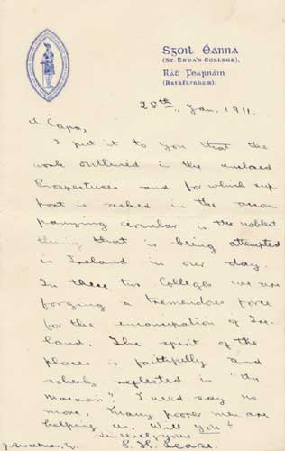 1911 P.H. PEARSE LETTER TO JOHN SWEETMAN by Padraig Pearse sold for 8,500 at Whyte's Auctions