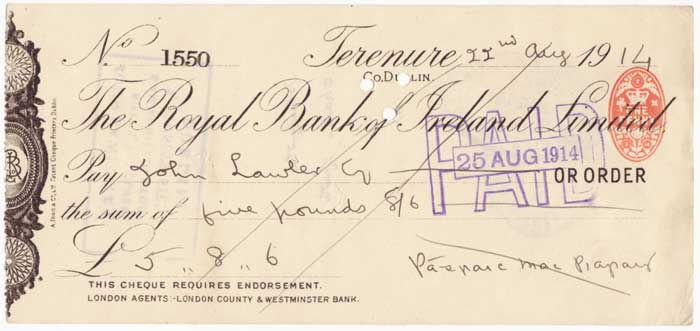 1914 (22 August) Pdraig Pearse cheque by Padraig Pearse sold for 1,500 at Whyte's Auctions