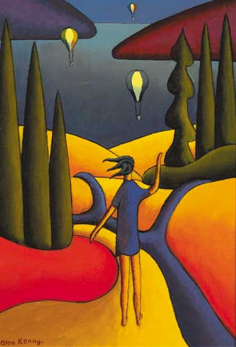 FIGURE LOOKING OUT TO SEA, HOT AIR BALLOONS IN DISTANCE by Alan Kenny sold for 1,000 at Whyte's Auctions