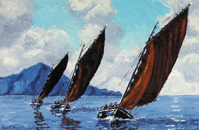 GALWAY HOOKERS SAILING OFF CLARE ISLAND, COUNTY MAYO by Ivan Sutton sold for 3,000 at Whyte's Auctions