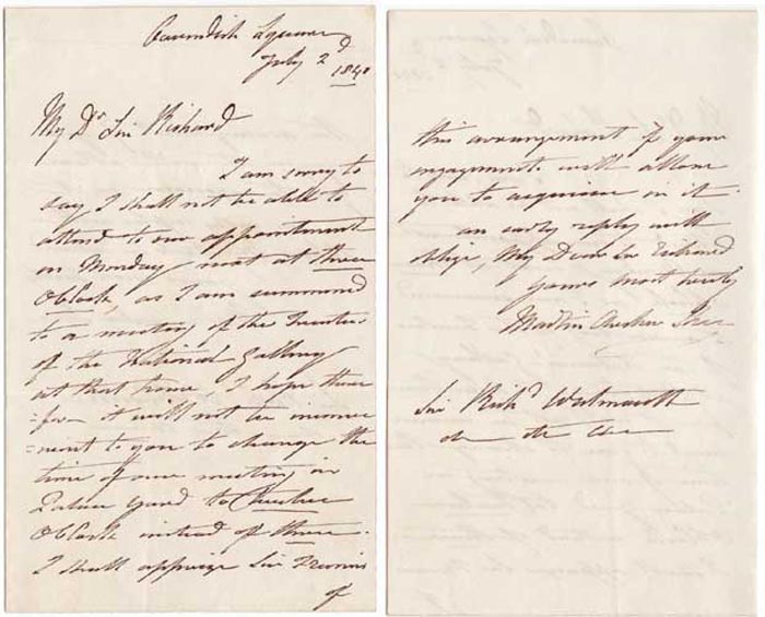 TWO LETTERS TO SIR RICHARD WESTMACOTT, 1813-40 by Sir Martin Archer Shee sold for 200 at Whyte's Auctions