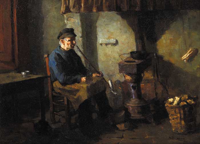 MAN SEATED BY A WOOD STOVE, SMOKING A PIPE, 1911 by Mary Duncan sold for 2,000 at Whyte's Auctions