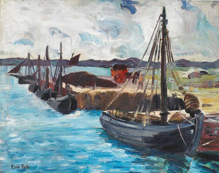 TURF BOATS MOORED BY A QUAY by Oisn Kelly sold for 1,400 at Whyte's Auctions