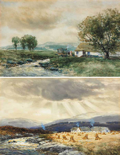 HAY STOOKS AND CABINS BY A RIVER and A THATCHED COTTAGE AND CARAVAN BY A STREAM (A PAIR) by John Hamilton Glass sold for 600 at Whyte's Auctions