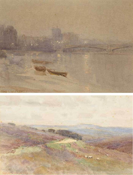 THAMES EMBANKMENT and SHEEP GRAZING ON A MOUNTAIN, POSSIBLY THE KNOCKMEALDOWNS (A PAIR) by Fanny Wilmot Currey sold for 450 at Whyte's Auctions