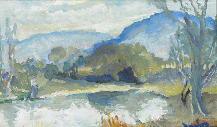 LANSCAPE WITH FIGURE BY A RIVER, HILLS BEYOND by Ronald Ossory Dunlop sold for 600 at Whyte's Auctions