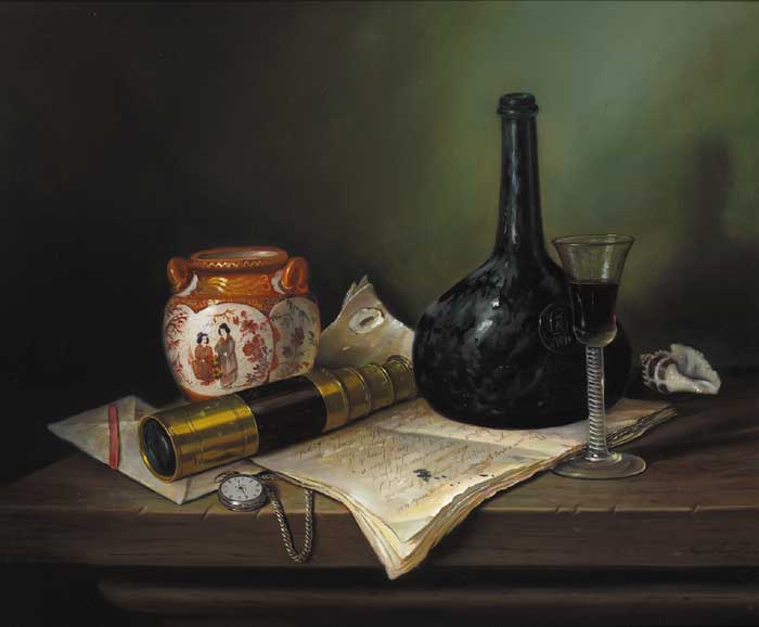 STILL LIFE WITH A CHINESE JAR, TELESCOPE AND MANUSCRIPT ON A TABLE by Raymond Campbell sold for 1,700 at Whyte's Auctions