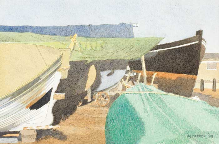 BOATS ON THE EAST PIER, HOWTH, 1989 by William Carron sold for 420 at Whyte's Auctions