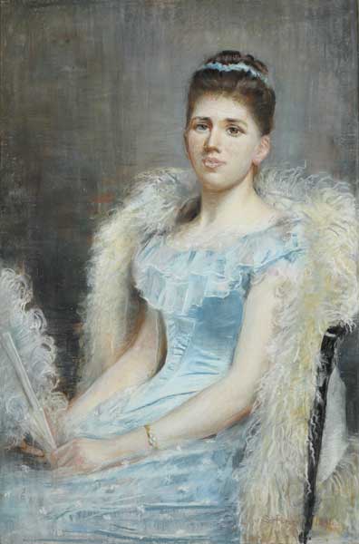 LADY IN A BLUE SILK DRESS AND FEATHERED BOA, 1891 by Sarah Henrietta Purser sold for 9,000 at Whyte's Auctions