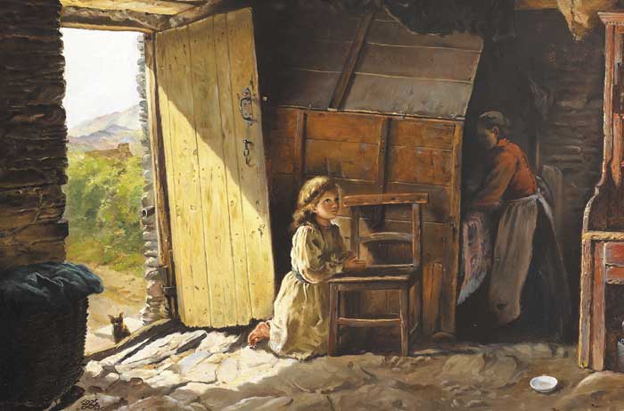 "MORNING PRAYER", COTTAGE INTERIOR, COUNTY CORK, 1901 by James Brenan sold for 12,500 at Whyte's Auctions