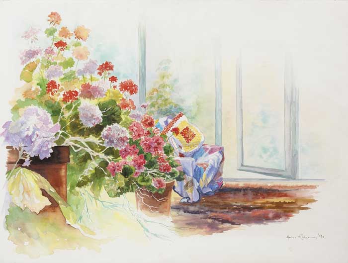 STILL LIFE WITH GERANIUMS, 1990 by Helen Ridgeway sold for 300 at Whyte's Auctions