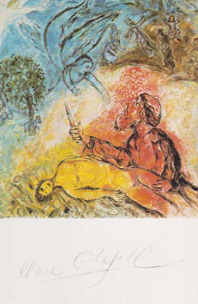 AUTOGRAPHED POSTCARD OF CHAGALL'S, MESSAGE BIBLIQUE, NO. 7 LE SACRIFICE D'ISSAC by Marc Chagall sold for 300 at Whyte's Auctions