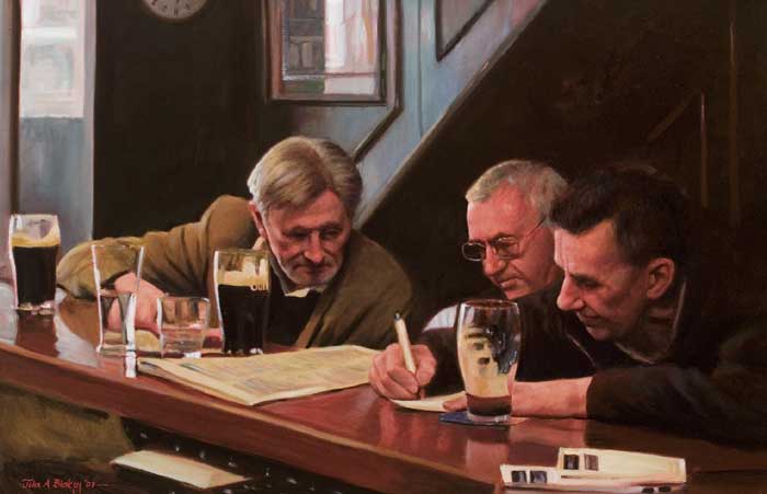AFTERNOON RACING IN MULLEN'S BAR, COOTEHILL, COUNTY CAVAN, 2009 by John A. Blakey sold for 3,200 at Whyte's Auctions