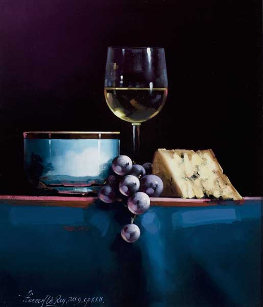 STILL LIFE WITH CHEESE, WINE AND GRAPES, 2009 by David Ffrench le Roy sold for 1,600 at Whyte's Auctions