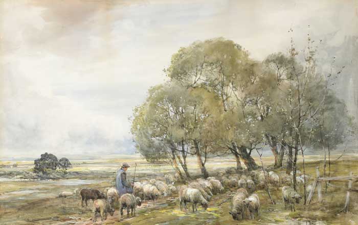 PASTORAL LANDSCAPE WITH SHEPHERD AND FLOCK by Claude Hayes sold for 1,450 at Whyte's Auctions