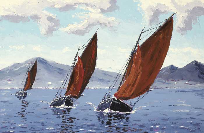 GALWAY HOOKERS SAILING IN ROUNDSTONE BAY, COUNTY GALWAY by Ivan Sutton sold for 3,200 at Whyte's Auctions