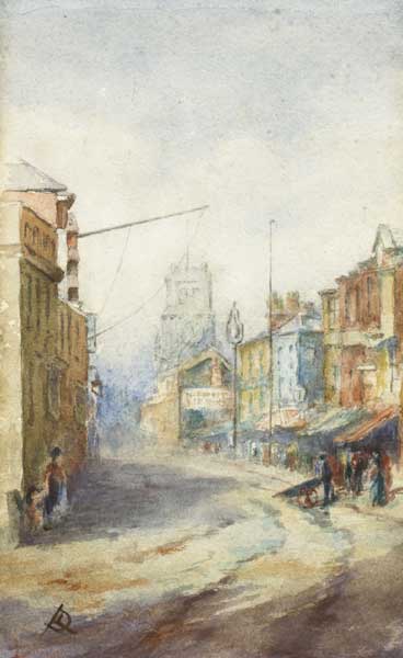 STREET SCENE WITH VIEW OF CLOCK TOWER, 1910 by Lilian Lucy Davidson ARHA (1893-1954) at Whyte's Auctions