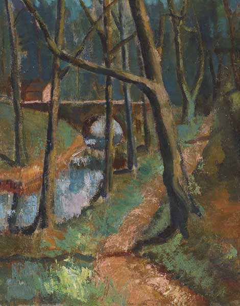 RIVERSIDE PATH WITH TREES AND BRIDGE, 1940-44 by Sidney Smith sold for 370 at Whyte's Auctions