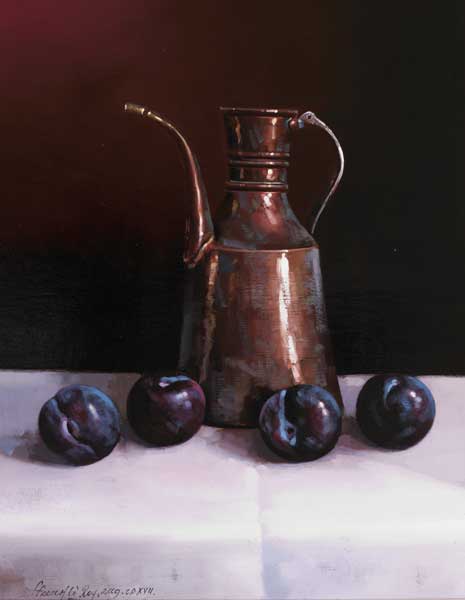 STILL LIFE WITH COPPER OIL CAN AND PLUMS, 2009 by David Ffrench le Roy sold for 950 at Whyte's Auctions