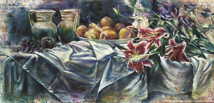 TIGER LILLIES WITH FRUIT AND JUGS, 2002 by John Keating sold for 1,900 at Whyte's Auctions