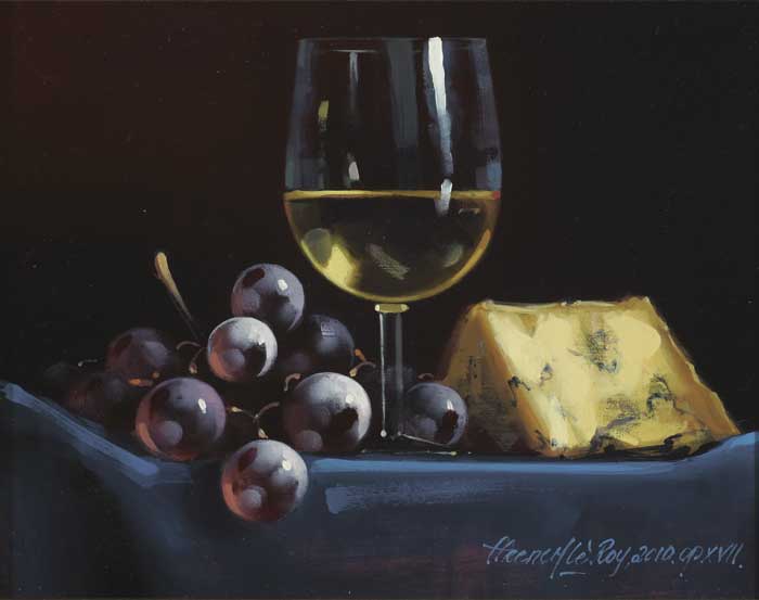 STILL LIFE WITH CHEESE, WINE AND GRAPES, 2010 by David Ffrench le Roy sold for 800 at Whyte's Auctions