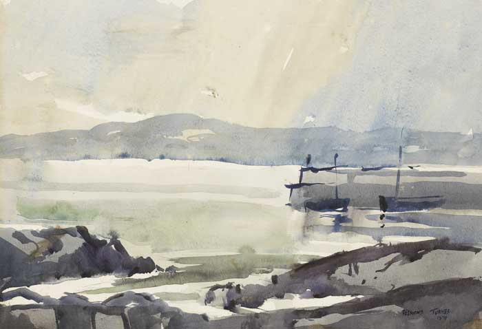 BOATS AT A PIER, 1970 by Desmond Turner sold for 260 at Whyte's Auctions