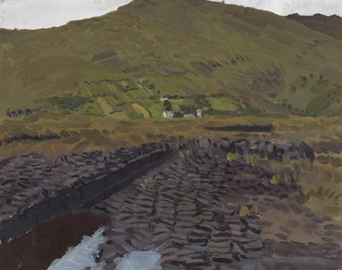 CUT TURF WITH COTTAGES, CONNEMARA by Michel de Burca sold for 1,100 at Whyte's Auctions