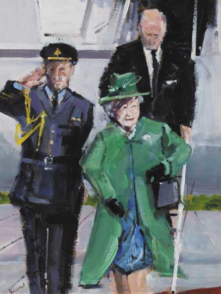 THE QUEEN AND THE DUKE OF EDINBURGH ARRIVING ON IRISH SOIL by Michael Hanrahan sold for 2,300 at Whyte's Auctions