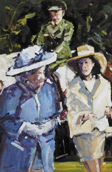 THE QUEEN AND LADY CHRYSS O'REILLY AT THE NATIONAL STUD KILDARE by Michael Hanrahan (b.1951) at Whyte's Auctions