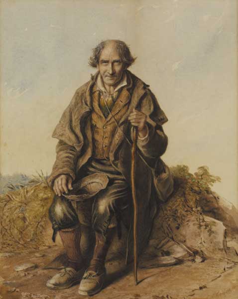 MAN SEATED ON A ROADSIDE WITH CANE AND BEGGING CAP, 1855 by Robert Richard Scanlan sold for 550 at Whyte's Auctions