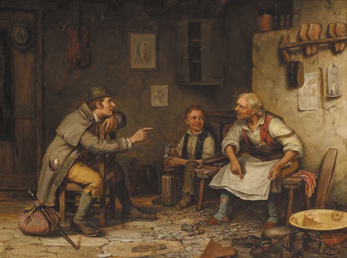 COBBLER HOLDING 'THE FREEMAN'S JOURNAL' WITH TRAVELLER AND YOUNG APPRENTICE by Septimus Dawson sold for 3,200 at Whyte's Auctions