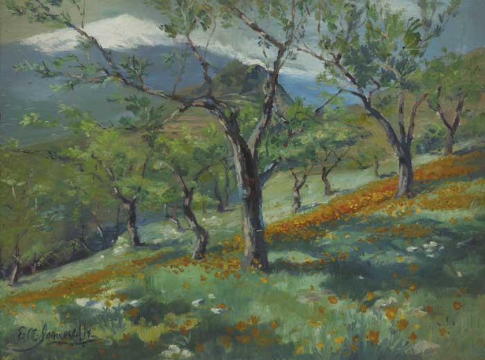 HILLSIDE LANDSCAPE WITH SNOW CAPPED MOUNTAINS BEYOND by Edith Oenone Somerville sold for 1,050 at Whyte's Auctions
