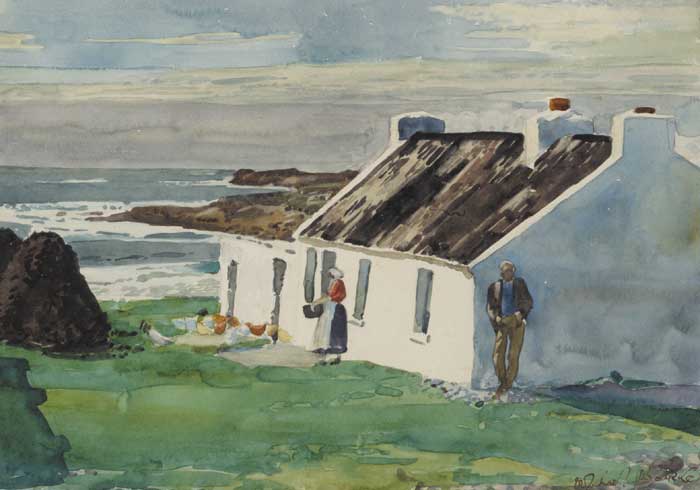 WOMAN FEEDING CHICKENS, MAN LEANING AGAINST COTTAGE WALL WITH TURF STACKS AND SEA BEYOND by Michel de Burca sold for 1,150 at Whyte's Auctions