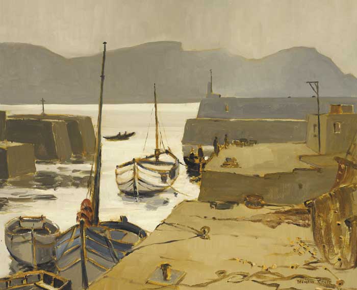 FISHERMEN AND BOATS IN A HARBOUR by Desmond Turner sold for 1,700 at Whyte's Auctions