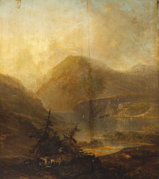 THE POWERSCOURT WATERFALL, COUNTY WICKLOW and COTTAGE WITH FIGURES AND CATTLES BY A LAKE (A PAIR) by William Telbin sold for 850 at Whyte's Auctions