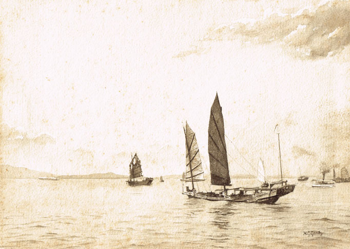 JUNKS AND STEAMBOAT IN HONG KONG HARBOUR by Henry George Gandy sold for 440 at Whyte's Auctions