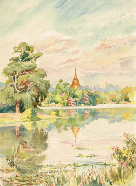 VIEW OF SHIVE DAGOR PAGODA FROM POINT NEAR THE BOAT CLUB, BURMA by Henry George Gandy sold for 340 at Whyte's Auctions