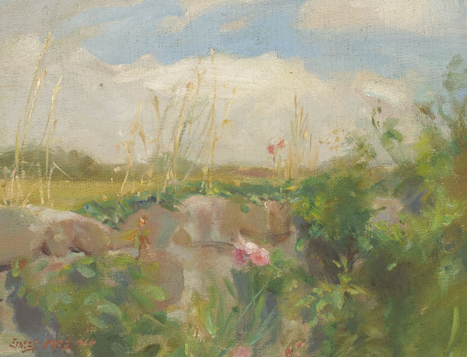 LANDSCAPE WITH PINK FLOWERS, 1964 by Ernest Columba Hayes sold for 200 at Whyte's Auctions