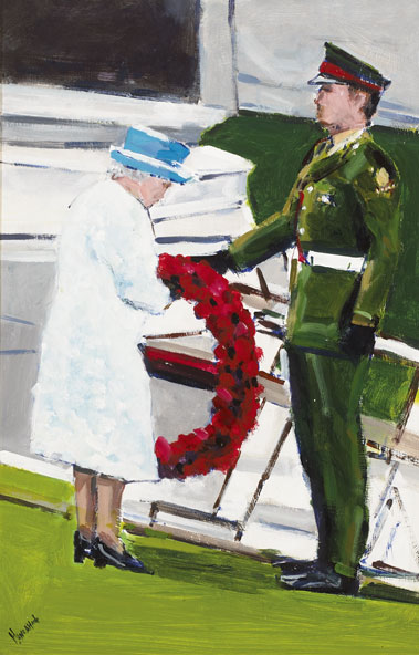 THE QUEEN LAYING A WREATH AT THE ISLANDBRIDGE MEMORIAL GARDEN, DUBLIN by Michael Hanrahan sold for 1,800 at Whyte's Auctions