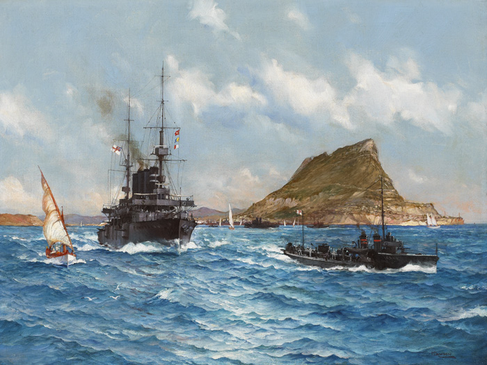 A DEVONSHIRE CLASS CRUISER AND HER DESTROYER ESCORT LEAVING GIBRALTAR, c.1914 by Montague J. Dawson sold for 2,600 at Whyte's Auctions