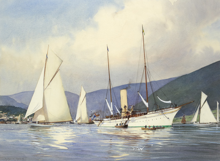 SHAMROCK III, SHAMROCK I AND THE STEAM YACHT ERINOFF HUNTER'S QUAY, RIVER CLYDE, SPRING 1903 by Martyn Richardson Mackrill sold for 1,050 at Whyte's Auctions