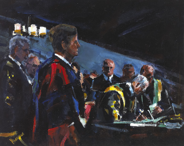 PRESIDENT KENNEDY AT ST PATRICK'S HALL, DUBLIN CASTLE RECEIVING AN HONORARY DEGREE FROM AMON DE VALERA, CHANCELLOR OF THE NATIONAL UNIVERSITY OF IRELAND by Michael Hanrahan sold for 1,300 at Whyte's Auctions