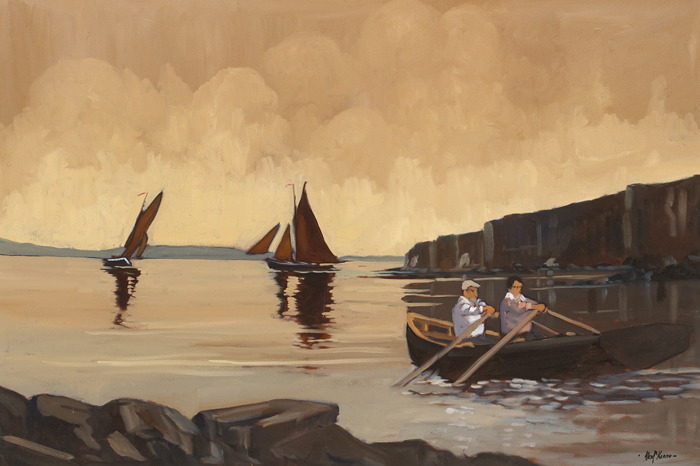 TWO MEN ROWING A CURRACH AT THE CLIFFS OF MOHER by Alex McKenna sold for 400 at Whyte's Auctions