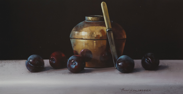 STILL LIFE WITH PLUMS, KNIFE AND COPPER JAR by David Ffrench le Roy sold for 640 at Whyte's Auctions